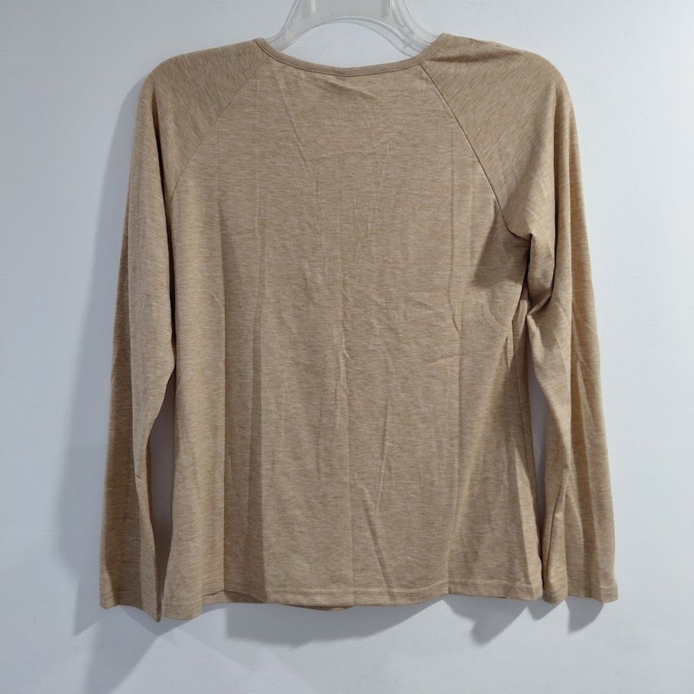 Flamingals Women's Beige Long Sleeve Henley Shirt Pearl Button V Neck Size M - Picture 4 of 8
